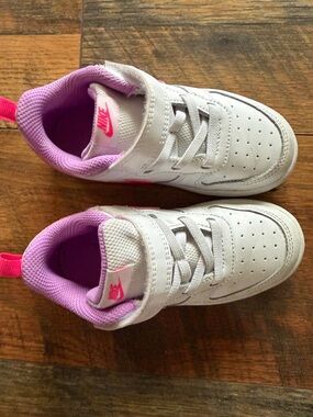 Nike Kids White Sneakers with Pink and Purple Accents